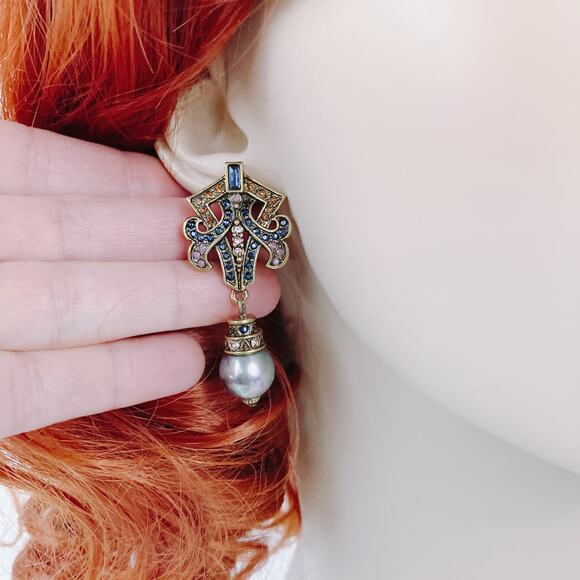 Signed Heidi Daus Gold Tone Crystal Pearl Drop Clip On Earrings VTG Swarovski? - Picture 3 of 17